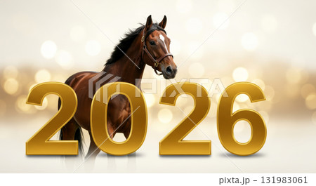 Brown horse portrait between large golden 2026 numbers on bokeh background. Chinese New Year of the Fire Horse. 131983061