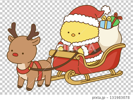 Chick Santa riding a reindeer sleigh and delivering presents Chick Santa riding a reindeer sleigh and delivering presents 131983078