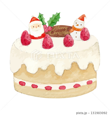 サンタクロースの飾りが載ったクリスマスケーキの水彩イラスト 131983092