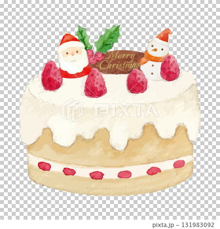 サンタクロースの飾りが載ったクリスマスケーキの水彩イラスト 131983092