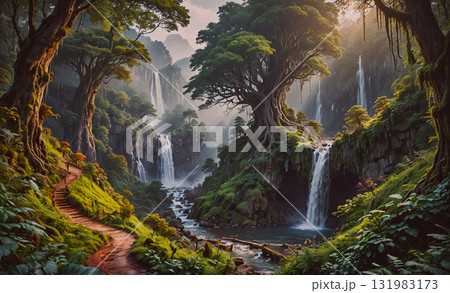 Two people are riding bikes on a trail near a lake. The trail is rocky and the water is blue. The mountains in the background create a beautiful and serene atmosphere Two people are riding bikes on a trail near a lake. The trail is rocky and the water is blue. The mountains in the background create a beautiful and serene atmosphere 131983173