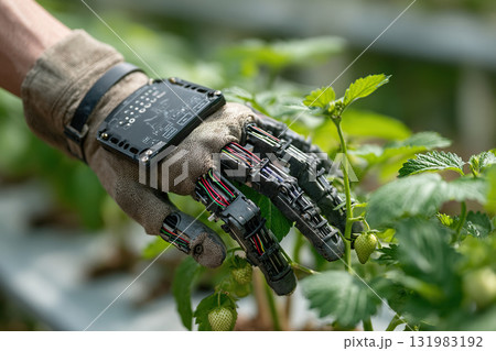 A human robotic hand tends to a green sprout. A person with disabilities. A human robotic hand tends to a green sprout. A person with disabilities. 131983192