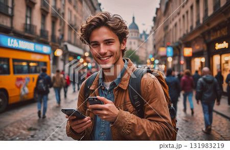 Boy is walking through a forest with a backpack on. The sunlight is shining through the trees, creating a peaceful and serene atmosphere 131983219