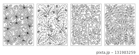 Set of hand drawn autumn coloring pages with chestnut, oak, maple, and rowan leaves Set of hand drawn autumn coloring pages with chestnut, oak, maple, and rowan leaves 131983259