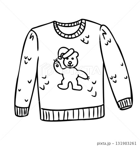 Hand drawn doodle of a Christmas sweater with waving teddy bear in Santa hat, outlined in simple cozy style Hand drawn doodle of a Christmas sweater with waving teddy bear in Santa hat, outlined in simple cozy style 131983261