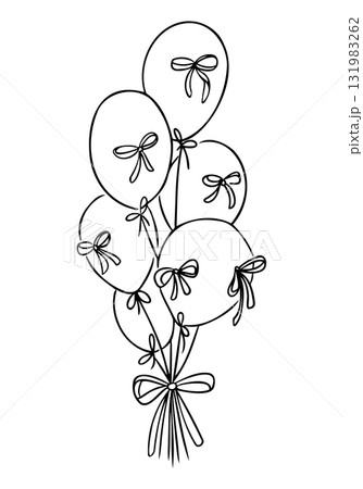 Hand drawn bunch of balloons with decorative bows tied together in elegant outline style Hand drawn bunch of balloons with decorative bows tied together in elegant outline style 131983262