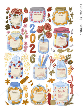 Hand drawn 2026 calendar design with decorative jars filled with seasonal elements for each month in cozy style Hand drawn 2026 calendar design with decorative jars filled with seasonal elements for each month in cozy style 131983263