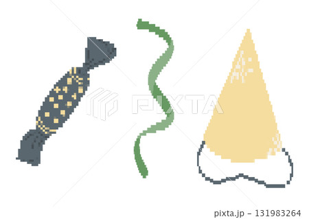 Pixel art illustration of a wrapped candy, ribbon, and party hat in festive colors, designed in retro 131983264