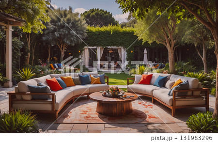 Woman is running up a mountain with a bottle of water in her hand. The sun is setting in the background, creating a beautiful and serene atmosphere 131983296