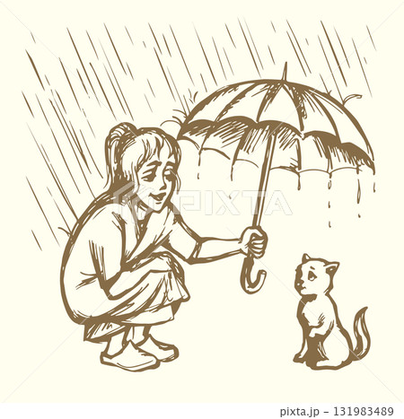 Vector Drawing. Girl Covering Kitty From Rain 131983489