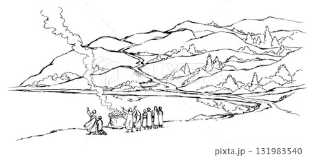 Vector image. Summer landscape with a river flowing among the hills Vector image. Summer landscape with a river flowing among the hills 131983540