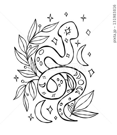 Outline Mystical snake with Moon and Plants. Textured Hand Drawn Doodle. Sketch for Halloween design, symbolizing magic and transformation. Vector Illustration. Not AI 131983816