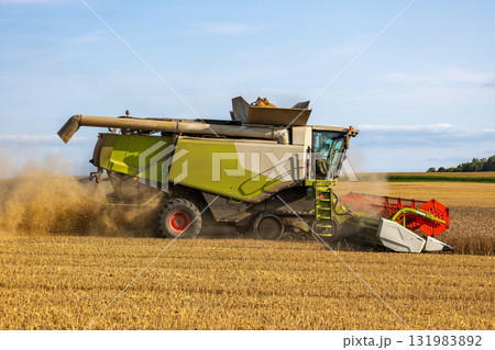 A large harvester moves through a field, efficiently collecting harvested crops under a clear blue sky in the afternoon light A large harvester moves through a field, efficiently collecting harvested crops under a clear blue sky in the afternoon light 131983892