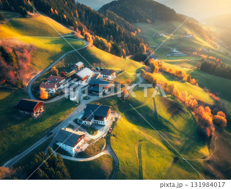Aerial view of amazing green alpine meadows, orange trees, hills 131984017