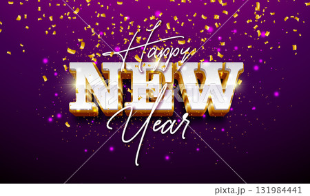 Happy New Year Greeting Card Illustration with Gold Framed 3D Typography Lettering and Falling Confetti Shiny Purple Background. New Year Eve Holiday Design with Christmas Ornaments for Calendar 131984441