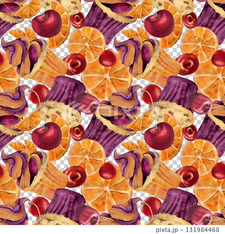 Orange and cherry mousse swirl on cupcakes, muffins with citrus and berry, hand painted. in watercolor. Isolated illustration for food seamless textures, digital backgrounds, product pattern prints. 131984468