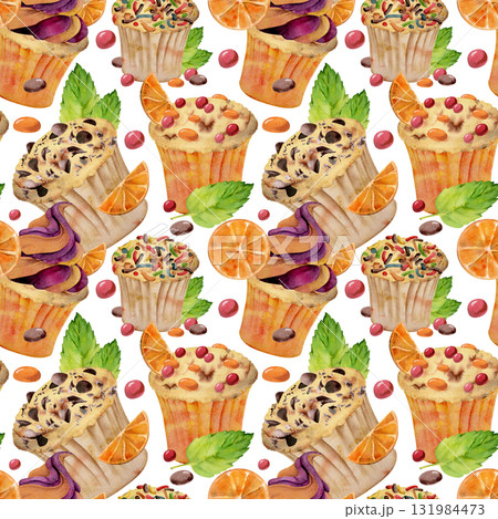 Citrus, chocolate and mint cupcake, orange candy icing on muffins pastry hand painted in watercolor. Isolated seamless pattern for culinary kits, food-themed stickers, party invites, kitchen labels. Citrus, chocolate and mint cupcake, orange candy icing on muffins pastry hand painted in watercolor. Isolated seamless pattern for culinary kits, food-themed stickers, party invites, kitchen labels. 131984473