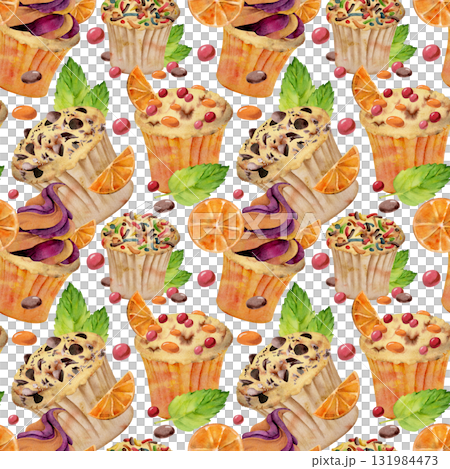 Citrus, chocolate and mint cupcake, orange candy icing on muffins pastry hand painted in watercolor. Isolated seamless pattern for culinary kits, food-themed stickers, party invites, kitchen labels. 131984473