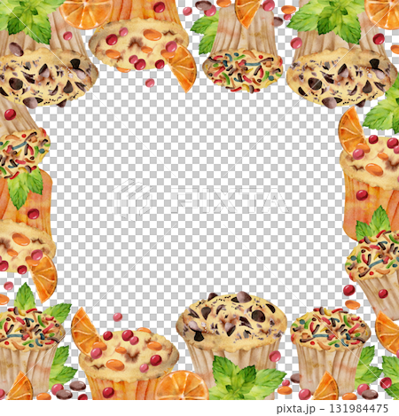 Frosted cupcake with mint sprig, chocolate dragee and sugar sprinkles icing on muffins in watercolor. Hand painted for decorative frames, bakery tag borders, cafe or fest menu, edible-themed corners. 131984475