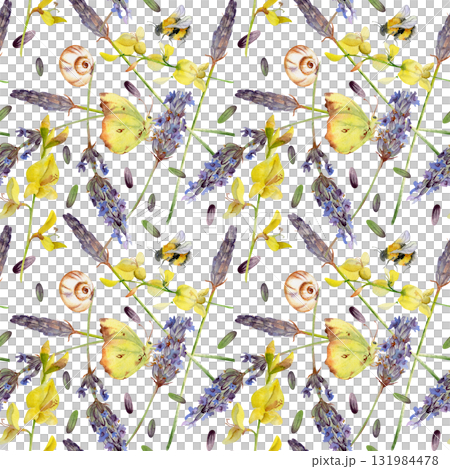 Lavender stems, seeds and butterflies, garden snails in Provence shabby chic seamless pattern. Isolated illustration hand drawn in watercolor. DIY paper crafts, stickers, organic beauty packaging. 131984478
