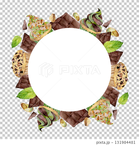 Cupcake, baked muffin with chocolate bar chips and mint leaves, pistachio nuts topping on mousse swirl. Hand painted isolated wreath illustration. Frame for party menu, handmade master class invites 131984481