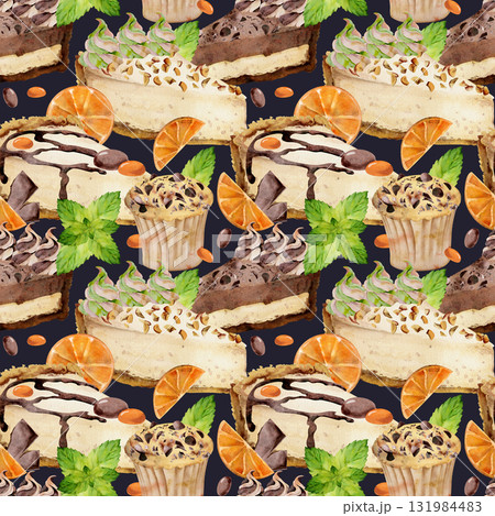 Orange slices on cheesecake with crushed nuts, mint leaves, ganache drizzle hand painted in watercolor. Isolated on dark for seamless pattern, recipe book art, digital background, kitchen design sets. 131984483