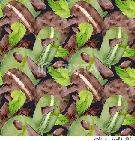 Rows of macaron biscuits, whoopie pies with cream, mint leaves and chocolate crumbs, hand painted in watercolor. Isolated on dark clipart for food textile patterns, menu decorations, repeat prints Rows of macaron biscuits, whoopie pies with cream, mint leaves and chocolate crumbs, hand painted in watercolor. Isolated on dark clipart for food textile patterns, menu decorations, repeat prints 131984484