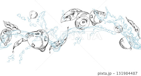 Sweet sour cherry cerise flying in water splashes with drops, hand drawn vector ink, ripe line garden berry and leaves. Seamless banner illustration for restaurant cafe menu, farmers market, wedding Sweet sour cherry cerise flying in water splashes with drops, hand drawn vector ink, ripe line garden berry and leaves. Seamless banner illustration for restaurant cafe menu, farmers market, wedding 131984487