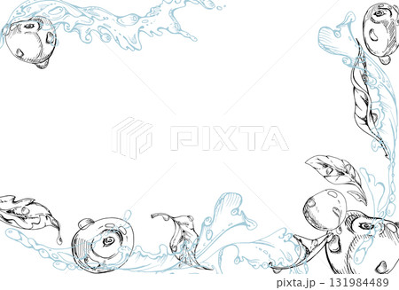 Sweet sour cherry cerise flying in water splashes drops, hand drawn vector ink, ripe line garden berry and leaves. Isolated border frame illustration. Restaurant cafe menu, farmers market, wedding 131984489