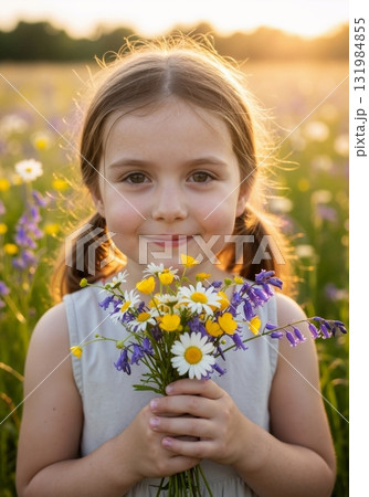 Close-up portrait of a happy young girl holding a bouquet of wildflowers. Child in a summer meadow at sunset. Childhood innocence and nature concept 131984855