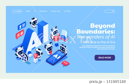 Landing page visual with AI robots and interface layout 131985180
