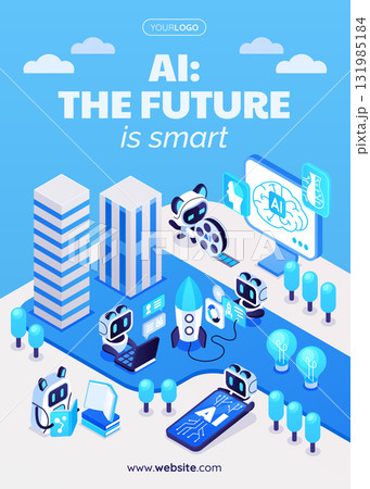AI promotional poster with smart city robots and digital interface in isometric cartoon style 131985184