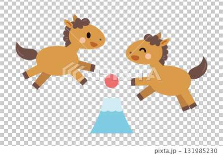 富士山と遊ぶ二頭の馬のイラスト　午年　年賀素材　初日の出 131985230