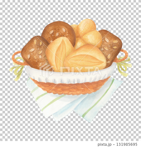 Wheat and rye buns in wicker hamper with white cotton napkin. Watercolour isolated illustration. 131985695