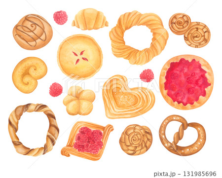 Hand-drawn bakery set with pies, croissants, pretzels, bagels and buns. Watercolor isolated illustration Hand-drawn bakery set with pies, croissants, pretzels, bagels and buns. Watercolor isolated illustration 131985696