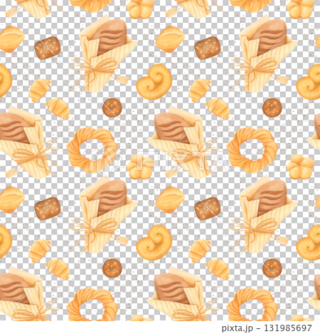 Seamless pattern with rustic bread and pastries in cozy hand-drawn style. Watercolor isolated illustration. 131985697