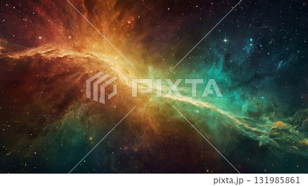 A vibrant cosmic nebula with iridescent colors and cosmic light trails. A design concept in a sci-fi or fantasy style. 131985861