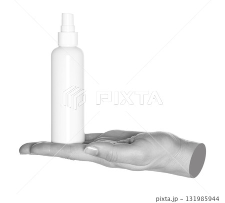 Gray hand contemporary art style holding cosmetic spray bottle isolated on transparent background Gray hand contemporary art style holding cosmetic spray bottle isolated on transparent background 131985944