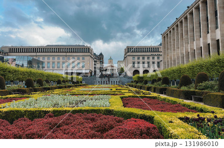 A vibrant and symmetrical view of the Mont des Arts Hill of the Arts garden in Brussels, Belgium A vibrant and symmetrical view of the Mont des Arts Hill of the Arts garden in Brussels, Belgium 131986010