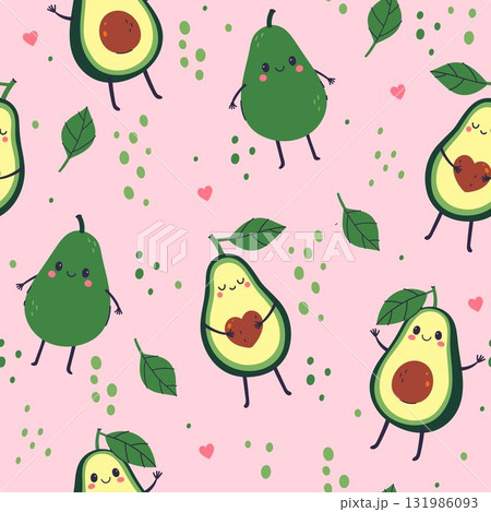 Seamless pattern with funny avocados on a pink background. Vector graphics. Seamless pattern with funny avocados on a pink background. Vector graphics. 131986093