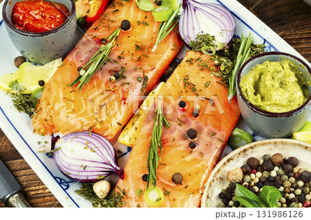 raw salmon with ingredients. 131986126