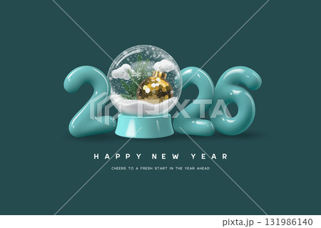 Happy New Year 2026 greeting with glass snowglobe, golden ornament, pine branches and falling snow on dark teal background. Festive winter holiday design for seasonal celebration. Vector illustration. Happy New Year 2026 greeting with glass snowglobe, golden ornament, pine branches and falling snow on dark teal background. Festive winter holiday design for seasonal celebration. Vector illustration. 131986140