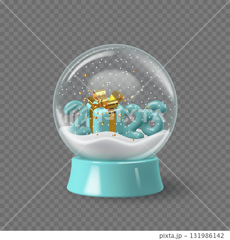 Glass snowglobe with golden gift box, blue 2026 numbers, snowflakes and confetti inside on transparent background. Festive winter decoration for New Year and Christmas celebration. Vector. Glass snowglobe with golden gift box, blue 2026 numbers, snowflakes and confetti inside on transparent background. Festive winter decoration for New Year and Christmas celebration. Vector. 131986142