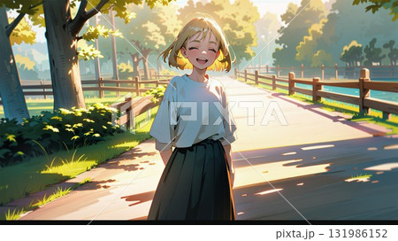 公園を散歩する若い女性 131986152