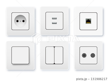 Realistic socket and switch. Interior wall outlets or electric connectors. Switches and sockets set Different square types. Vector 131986217