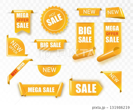 Golden satin ribbon tag. Gold textile label for sale promotion text. Discount and special offer badge. Vector Golden satin ribbon tag. Gold textile label for sale promotion text. Discount and special offer badge. Vector 131986219
