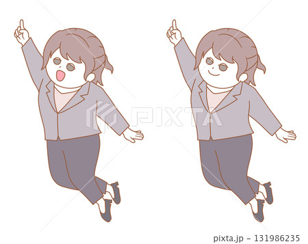 スーツ(パンツ)の女性が指差ししているイラスト　暖色 131986235