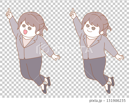 スーツ(パンツ)の女性が指差ししているイラスト　暖色 131986235