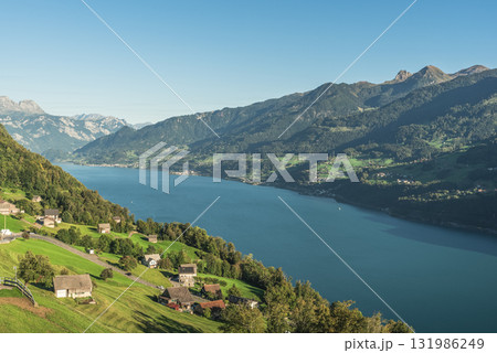 Alpine landscape overlooking Lake Walensee near Amden, Canton of St. Gallen, Switzerland 131986249