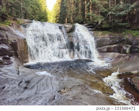 A beautiful and serene waterfall gracefully cascading in a lush forest landscape 131986471